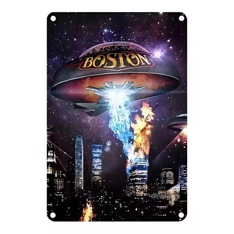 Tin Sign Boston Retro Space UFO City Night Starry Wall Decor Metal Sign Vintage Poster Plaque for Ba