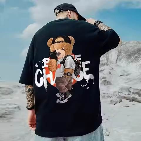 8XL Men Casual T-shirt Teenager Student Tee American Vintage Cute Selfie Teddy Bear Print T-shirt Lo