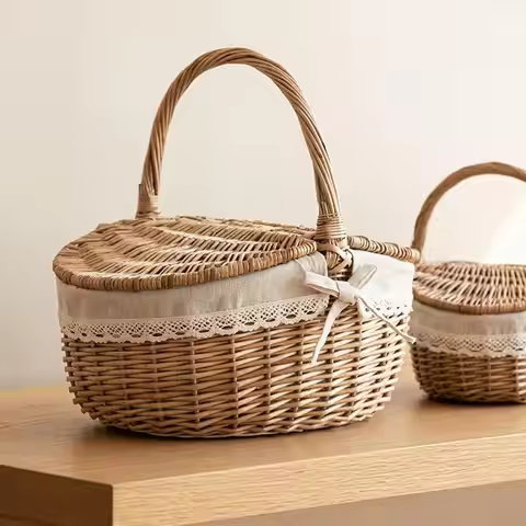 Woven Storage Basket Willow Basket with Handle and Lid Camping Wicker Basket Picnic Basket