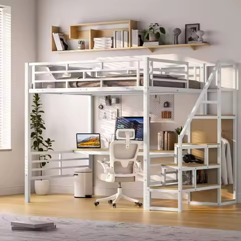 Full Size Loft Bed, Desk & Storage Stairs, Versatile High Loft Bed, No Box Spring Needed, Metal Loft