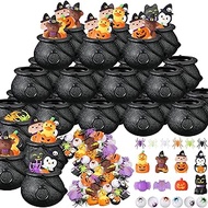 120 Pack Halloween Party Favors Set, 24 Pcs Prefilled Cauldrons with Halloween Mochi Squishy Animals Toys, Eyeballs and 48 Pcs Spider Rings for Halloween Trick or Treat, Carnival Game Prizes Exchange
