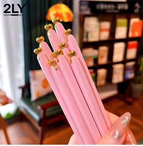 5 Pairs Pink Lucky Heart Alloy Chopsticks Korean Ins Style Non-Slip High Temperature Resistant Reusa