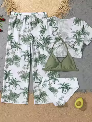 4 Pieces Bikinis Set Top & Pants 2026 Girls Swimsuit Kids Swimwear Female Children Bathers Bathing S