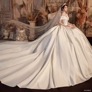 wedding dress for ninang۩❁One-shoulder satin French light main wedding dress 2022 new bridal tempera