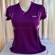 เสื้อออกกำลังกาย เสื้อกีฬา Sports สีม่วงแถบขาว คอปก / คอวี เนื้อผ้าคุณภาพสูง Polyester