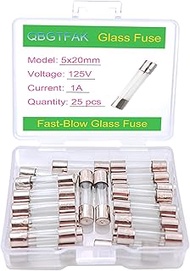 QBGTFAK 25 Pack F1AL125V 5x20 mm 1 A 125 V fuses 0.2x0.78 Inch 1A amp 125 Volt Fast-Blow Glass Fuses