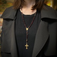 法國Belle Époque 時期天主教百年純銀鍍金酒紅水晶玻璃玫瑰念珠