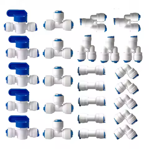 1/4" 3/8" O.D. Quick Connect Push In RO Water Tube Straight Tee Elbow Ball Valve Fittings Kit 10. 25