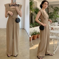 Lovito Casual Jumpsuit Plain Pleated Split Jumpsuit for Women LNE71596\2