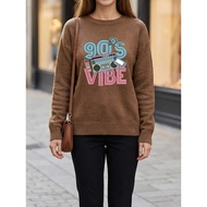 90's VIBE Retro Container Tape Element Printed Round Neck Wool Knit Top, Ladies Autumn Winter Long-S