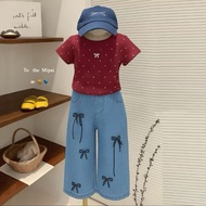 POLKADOT RIBBON JEANS SET FOR GIRLS AGED 6 MONTHS - 5 YEARS SHORT SLEEVES LONG DENIM PANTS DBOX
