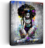 African American Wall Art - Black Queen with Crown Street Art Canvas Colorful Inspirational Graffiti