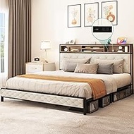 YITAHOME King Size Bed Frame, Platform Bed Frame with Charging Station, Upholstered Storage Headboard &amp; Footboard Metal Slats Supports Mattress Foundation, No Box Spring Needed, Beige