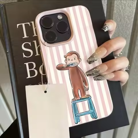 Cartoon Curious George Imitation Leather Phone Case for iPhone 17 Air 16 E 15 14 Plus 13 12 11 Pro M