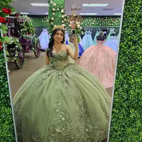 BOMARIS Green Princess Ball Gown Quinceanera Dresses Vestidos De 15 Anos XV Vintage 3D Flower Lace B