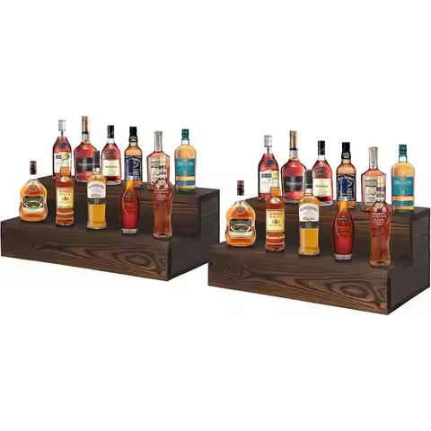 Bottle Display Shelf 2 Pack, Wood Bar Bottle Shelves,Tabletop Wine Rack,Tiered Bottle Stand, Bar She