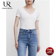 URBAN REVIVO V-Neck Short Sleeve Textured T-Shirt For Women 2023 slim fit white T-shirt