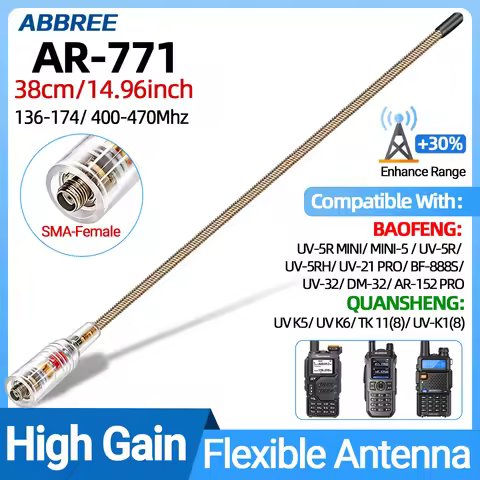 ABBREE New Transparent AR-771 High Gain Antenna UHF VHF SMA Female For Baofeng BF-888S Pro UV-5R Min