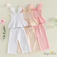 B930G-2Pcs Toddler Girl Summer Outfits Fly Sleeve Smocked Tank Tops + Pants Set Baby Clothes