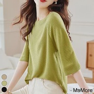 【MsMore】 五分袖毛衣薄寬鬆一字領針織寬鬆短版上衣# 119383 FREE 綠色