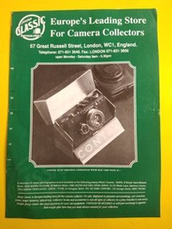 1988-89 Jessop Classic Photographica,  4 issue Catalogue  第四期目錄， 封面是 Zeiss Ikon Contax  I源自英國最大攝影器材連鎖店 Jessop  Camera Shop 在倫敦大英博物館正門對面古董相機專門分店,   舖面相當大連地牢共兩層售賣珍貴古典二手相機鏡頭， 當其時 Russell Square 羅素廣場這裏集中很多古董古典和二手相機店舖如 Leica Shop 倫敦分店 Rare Camera  Co.