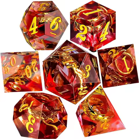 7pcs/lot DND Red Rings & Liquid Flow Resin Dice Sharp Edge D&D Dungeon and Dragon Game Handmade D20 