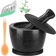 Newpow Mortar and Pestle Set Solid Granite, Silicone Base and Cover- Heavy Duty, Large Guacamole Bowl, Stone Grinder Bowl, Stone Mill Grinder, Herb Grinder Bowl, Spice Grinder Bowl- 2 Cup