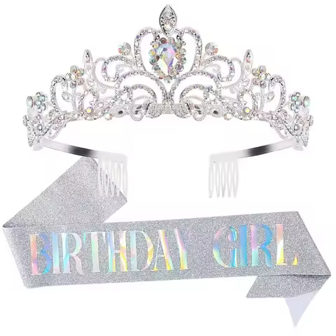 2pcs/set Bling Rhinestone Crystal Crown Tiara Birthday Girl Sash Crown for Women Girl Birthday Party