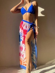 3 Piezas/set Traje De Baño Bikini Para Mujeres, Traje De Baño De Triángulo Con Halter En Color Sólido Con Estampado Azul, Incluye Cubierta De Falda De Playa