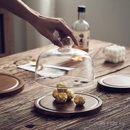 Retro Display Transparent Cover Afternoon Tea Tray Cake Glass Bread Snack Simple Support Acacia Wood