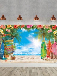 1入套夏威夷海灘聚酯攝影背景布,熱帶花卉衝浪板棕櫚樹葉背景,維基掀起慶典夏威夷人物裝飾,藍天生日橫幅裝飾用品,蛋糕桌攝影道具,四角打孔方便掛起