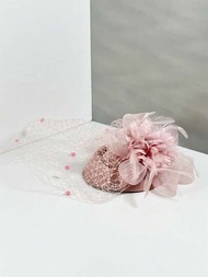 1頂女士高雅粉紅帽子,帶有花朵和珠子細節,適合日常下午茶會、婚禮和其他場合