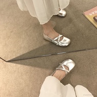 Silver Mary Jane Flats Shoes Cross Strap Flat Bottom Casual Shoes for Wedding Driving Dating PM-VN