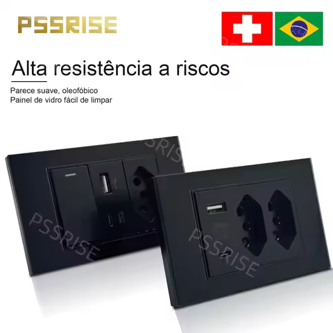 PSSRISE Black Tempered Glass Brazil Standard Outlet Dual Usb TypeC 20W Wall Socket Light Switch Swit
