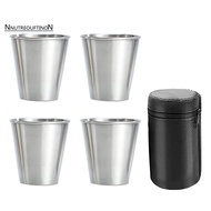 Stainless Steel Shot Cups, Set of 4 Cups, Metal Shot Glasses, Stackable, Hip Flask Small with Leathe