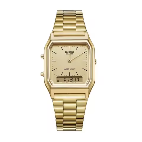 Casio AQ-230GA-9D Vintage Dual Display Watch,38.8mm Gold-Tone Stainless Steel Case/Band with Analog-