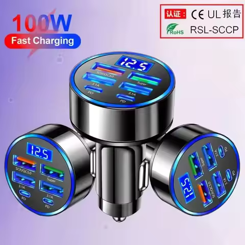 UYUXIO Multi Port USB C Car Charger Adapter 6 in 1 with Voltage Display Fast Charge with Volt Meter 