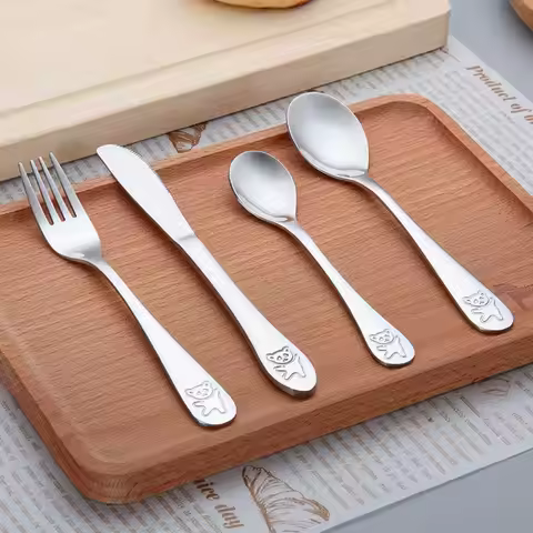 4pcs/Set Baby Teaspoon Spoon Food Feeding Fork Knife Utensils Stainless Steel Kids Learning Eating H