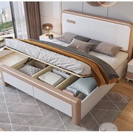 [Sg Sellers] Solid Wood Bed Double Bed with Drawer Storage Bed with Bedside Table Bed Frame with Mattress Single/Queen/King Bed Frame