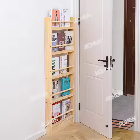 JC Solid wood narrow bookshelf, newspaper rack behind door,magazine rack between cracks,children's p