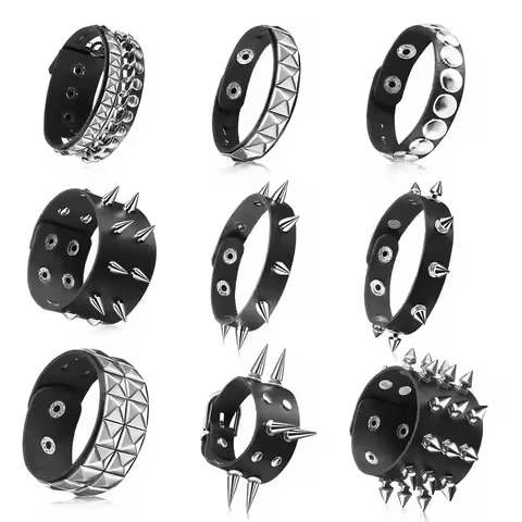 Vintage Black Round Square Gothic Spike Rivet Bracelet Punk Rock Bracelet Studded Faux PU Leather Br