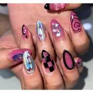 Gel Nails Bright pink black Cute y2k