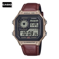 Velashop นาฬิกาข้อมือผู้ชายคาสิโอ ดิจิตอล Casio Standard Digital สายหนังสีน้ำตาลแดง รุ่น AE-1200WHL-