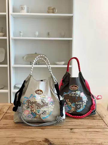 Japanese-Style Embroidered Shopping Bag Peter Rabbit Women's Shoulder Bag Large Capacity Tote Bag Li