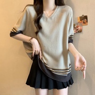1-150kg Large Size Mid-Length Style Genuine Shoulder Slimmer Look Summer Fat MM Loose Vintage V-Neck