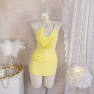 Bonvoyette New Arrival Women's Elegant Cream Milk Lemon Yellow One-Shoulder Bodycon Mini Dress, Tumm