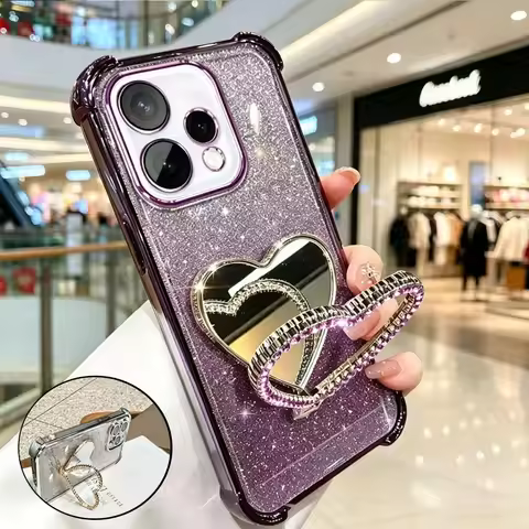 Glitter Heart Mirror Holder Bracket Case For Honor X9D X7D X8D X6D X9C X9B X7C X6A X6B X6C X8B X8C X