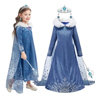 Frozen Elsa Costume for Kids Girl Winter Blue Long Sleeve Snow Queen Princess Dress with Cape Crown Gloves Wig Outfits for Girls Halloween Party Clothes