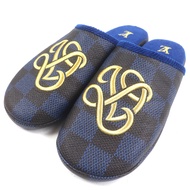 全新未使用商品 ▼LOUIS VUITTONLV Palace 系列穆勒鞋 1ACN6H，粒面小牛皮，Damier 刺繡標誌，拖鞋/涼鞋，藍ブラウン/金色，9 碼，附鞋盒和防塵袋，義大利製造，男士