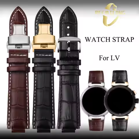 Cowhide lea/ther watch strap 18*10 21*12mm Convex joint black brown white lines men women watchband